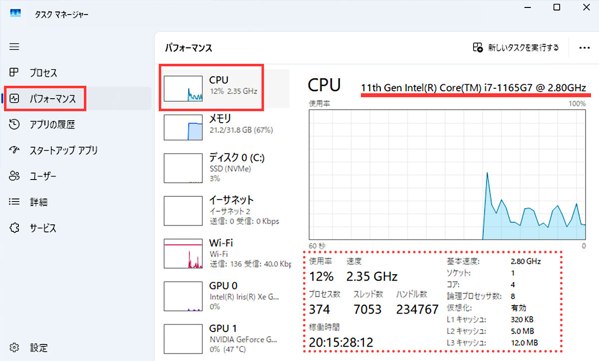 「パフォーマンス」タブの「CPU」を選択する